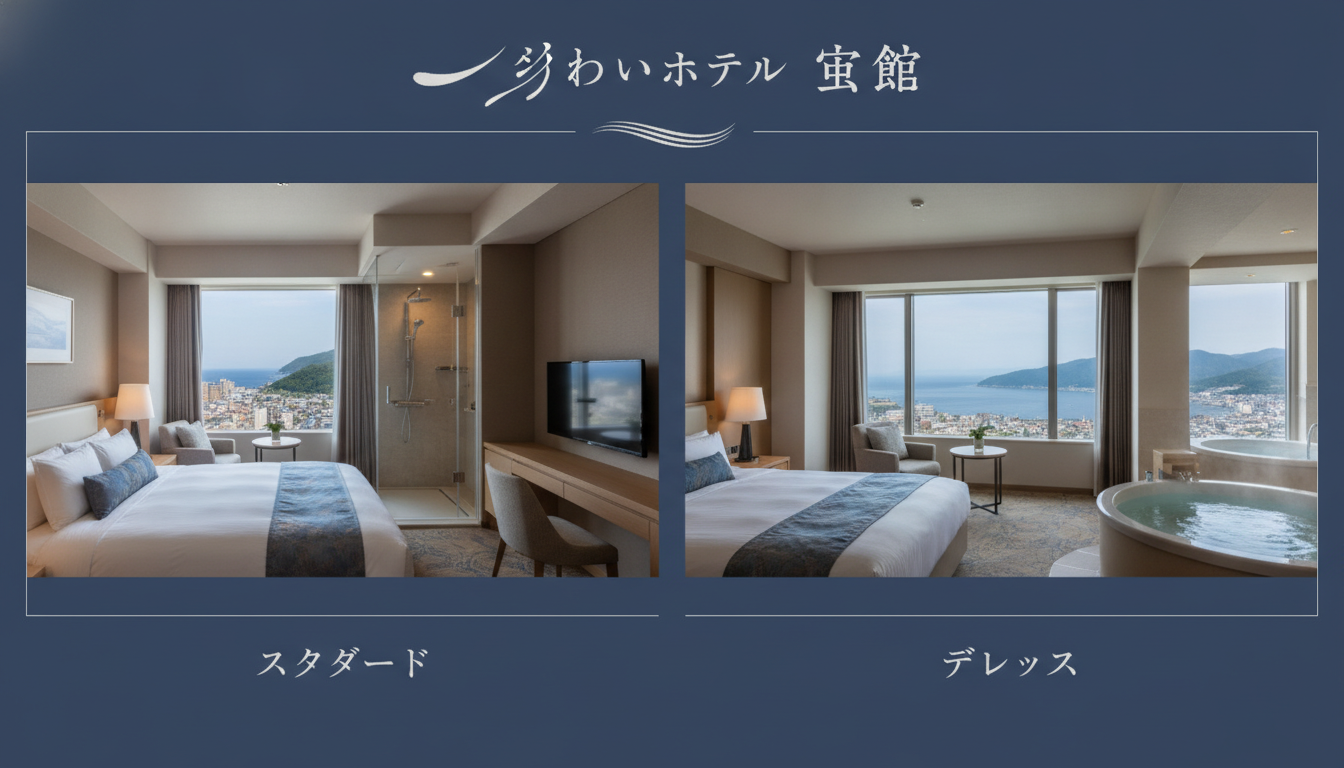 お部屋の広さと眺望、そしてお風呂のタイプが大きな違いです